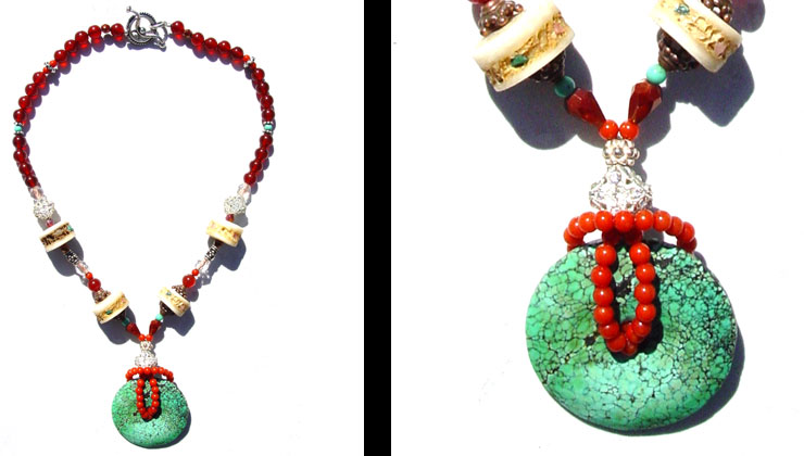 Turquoise, Coral, Bone, Carnelian, Copper, Swarovski crystal, Bali Silver Beads